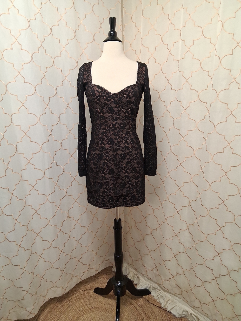 French Connection Black Lace Mini Dress with Nude Underlay